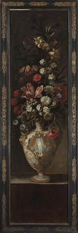 Tulips, lilies, a sunflower and other flowers in a majolica urn with serpentine handles by Roman School