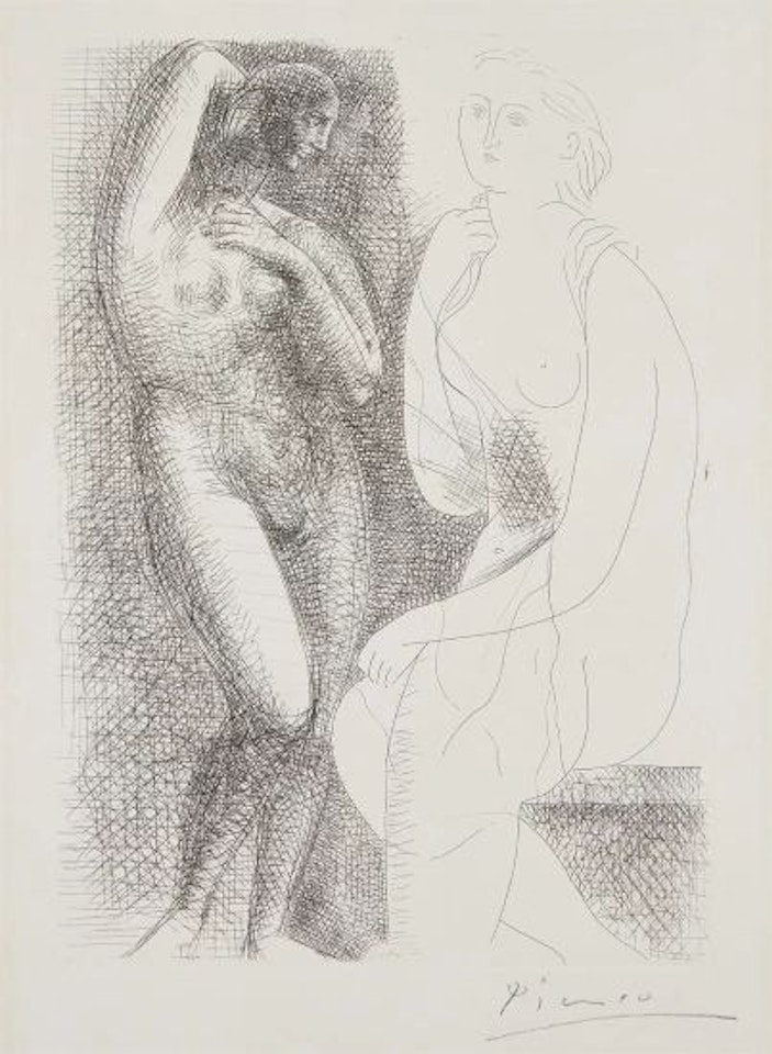 Femme nue devant une statue (Naked Woman in Front of a Statue), plate 6 from La Suite Vollard by Pablo Picasso