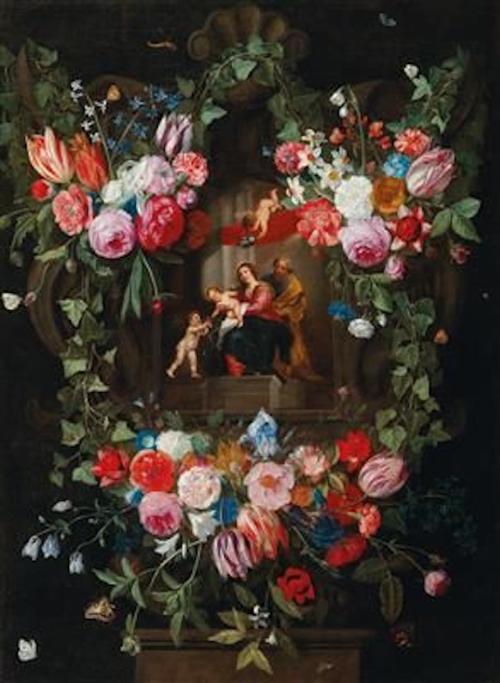 A wreath of flowers surrounding a cartouche with the Holy Family and putti by Jan Van Kessel The Elder