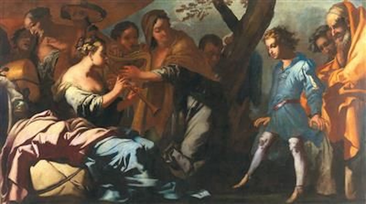 A group of figures with musicians and a young boy by Antonio Zanchi