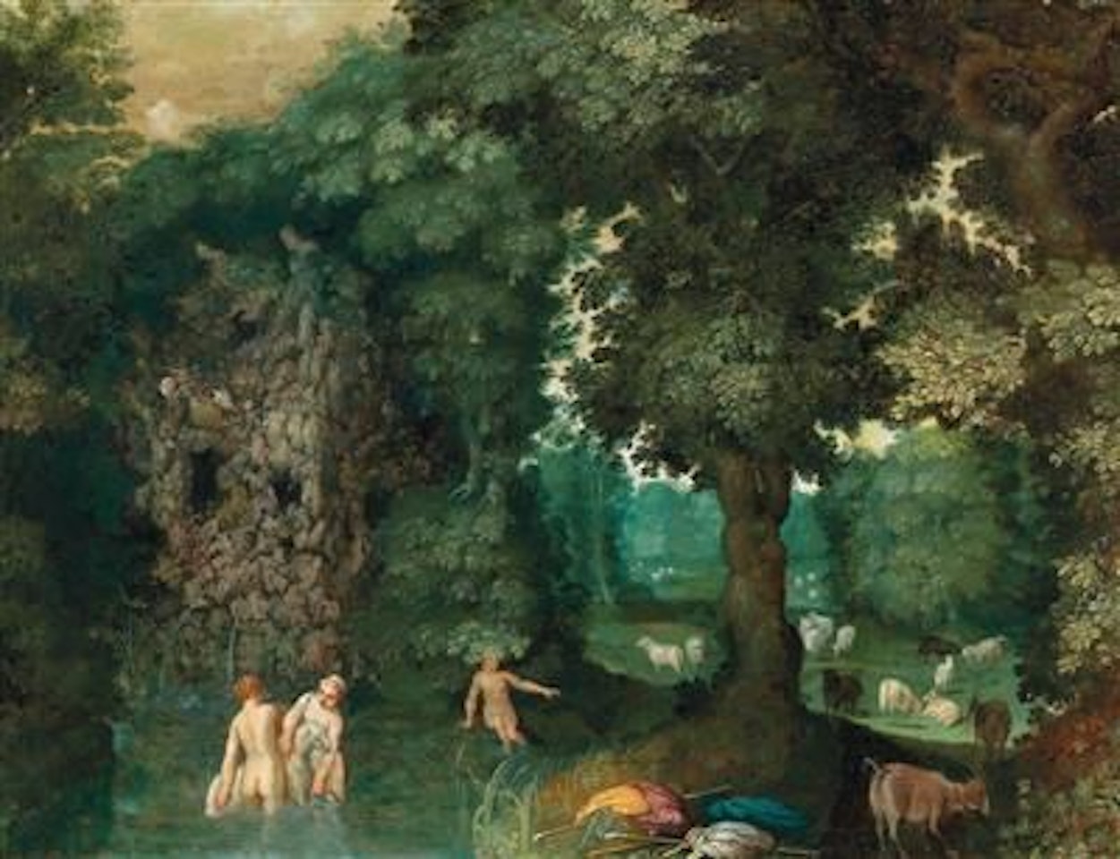 Bathing nymphs in a forest by Adriaen van Stalbemt