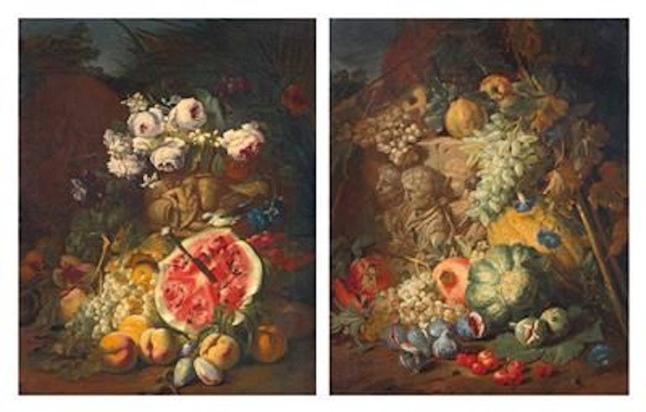 A watermelon, peaches, plums and grapes with roses in a landscape; and Apples, melons, figs, grapes and cherries with a bas-relief in a landscape by Abraham Brueghel