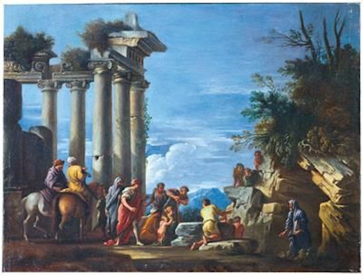 Figures by a ruined temple with Pythagoras appearing from the cavern by Giovanni Ghisolfi