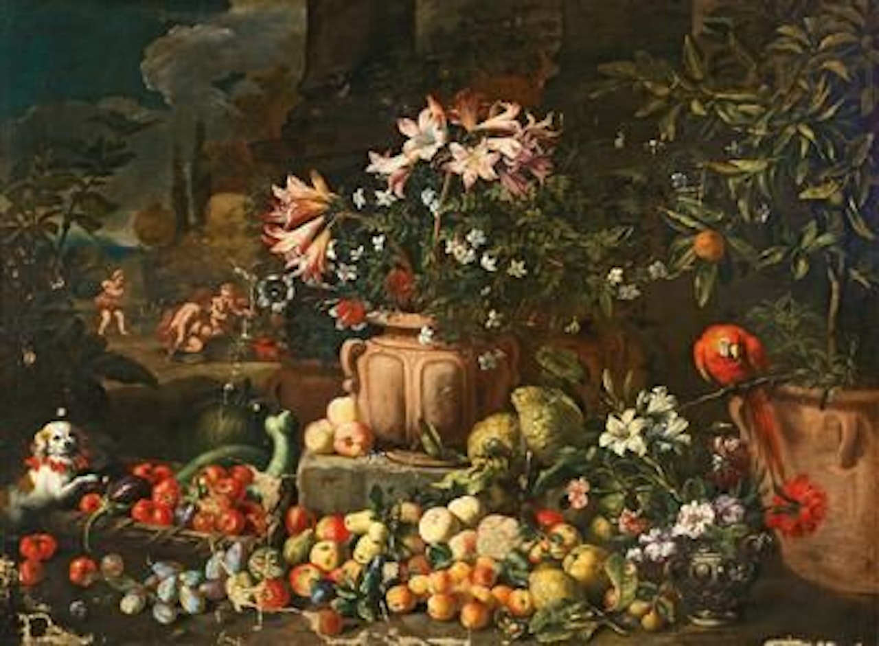 Still life of flowers with fruits, putti and animals by Abraham Brueghel