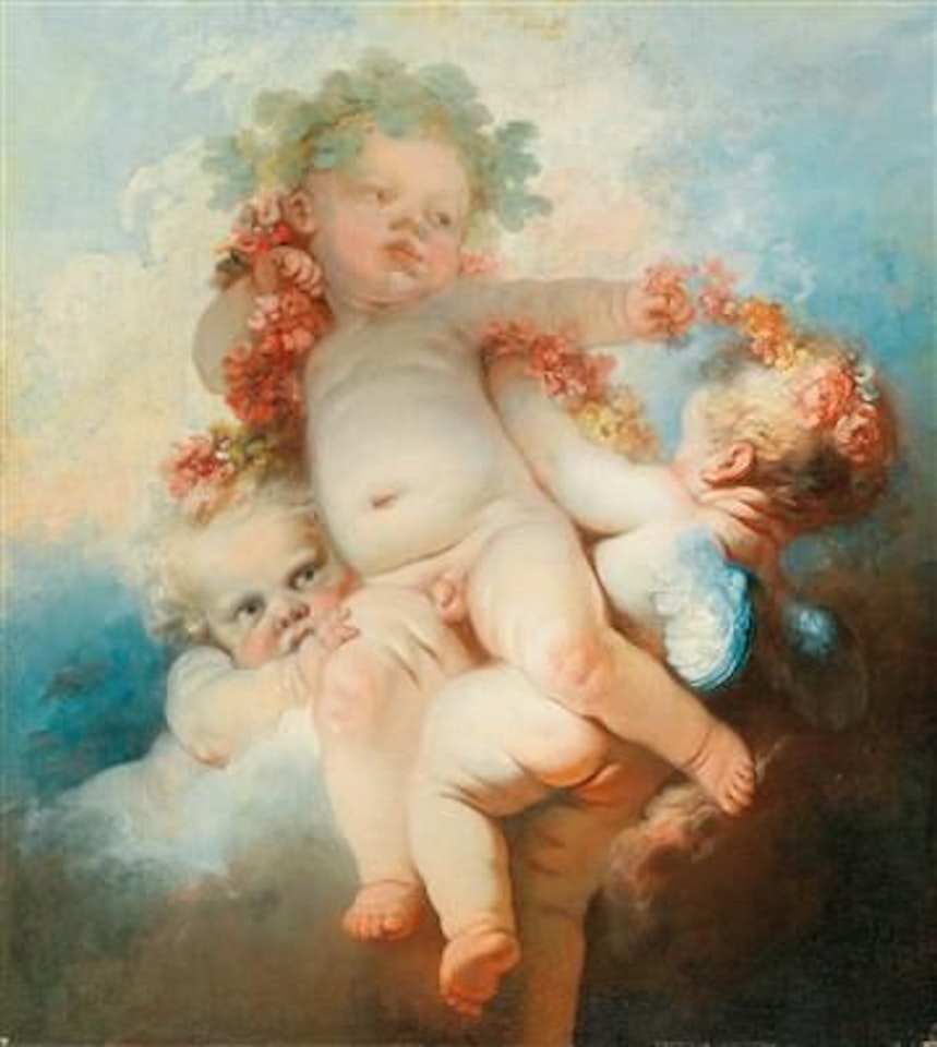 Three Putti crowned with flowers by Jean-Honoré Fragonard