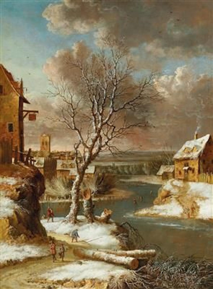Winter landscape with skaters on a frozen river by Jan Abrahamsz. Beerstraten