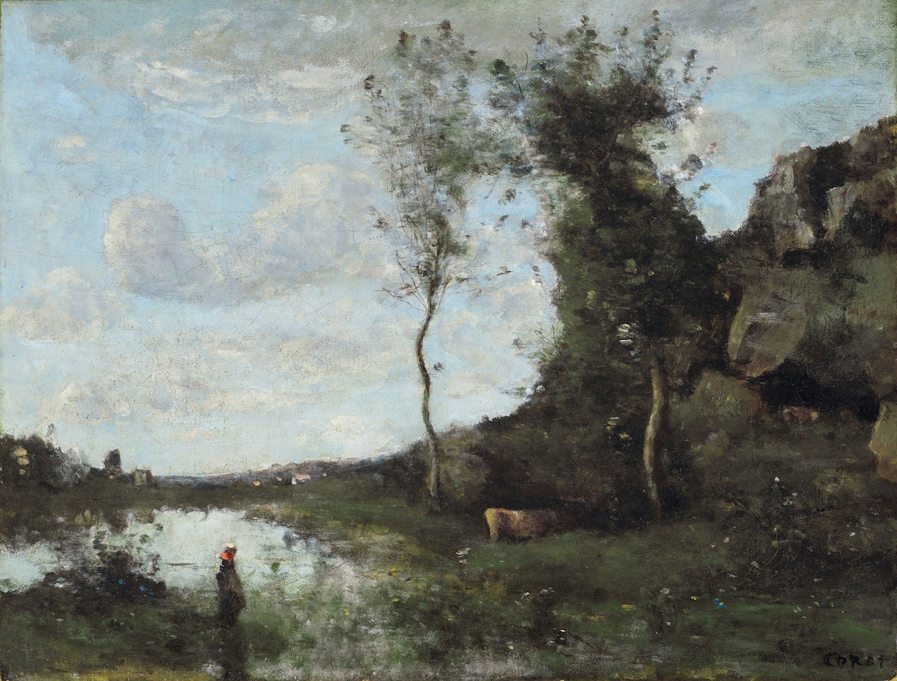 Une paysanne et sa vache à la mare en vue d'un village by Jean Baptiste Camille Corot