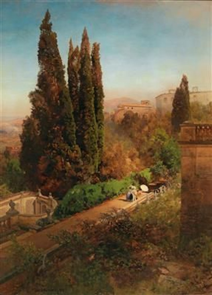 A view of the garden of Villa d’Este in Tivoli, near Rome by Oswald Achenbach