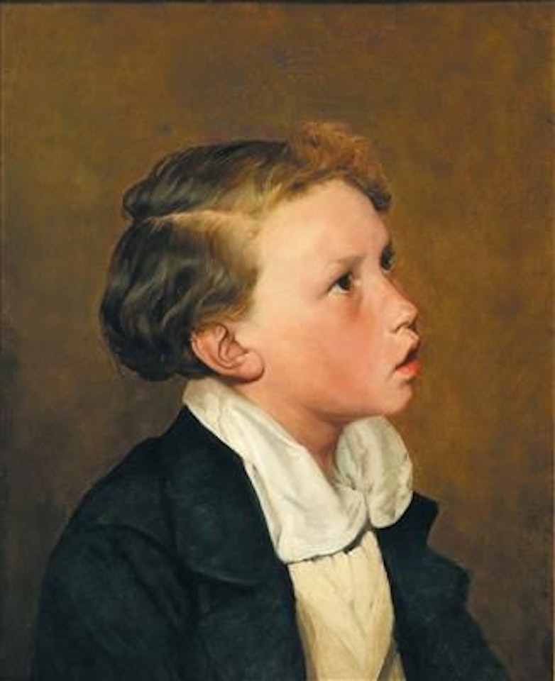 A blond boy in a dark blue coat and yellow waistcoat by Ferdinand Georg Waldmüller