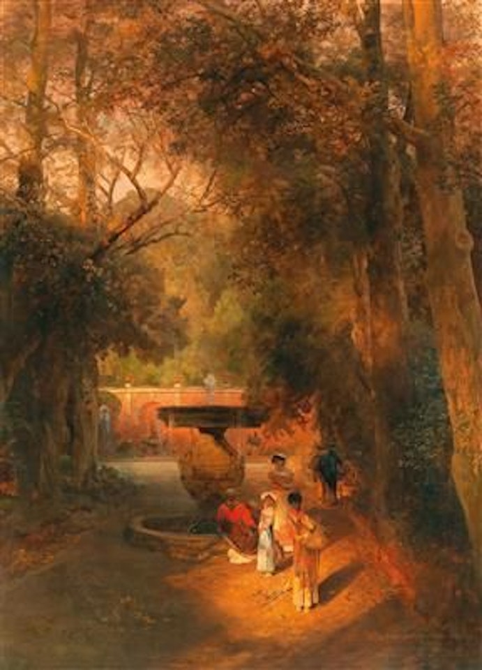 In the park by the fountain of Villa Torlonia in Frascati, near Rome by Oswald Achenbach