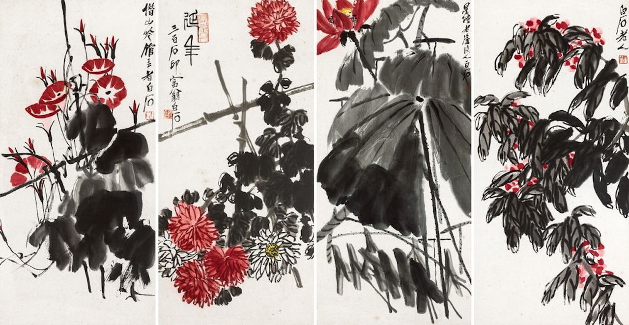 Flowers in Four Screens by Qi Baishi