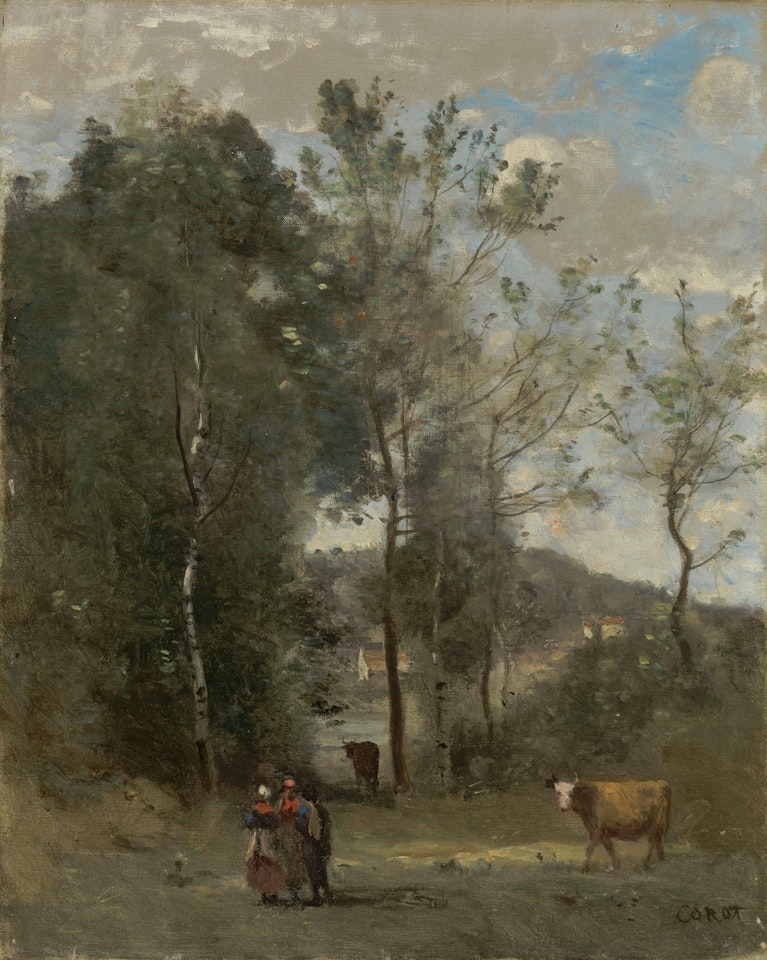 Ville d'Avray, lisière de bois avec trois campagnards et une vache by Jean Baptiste Camille Corot