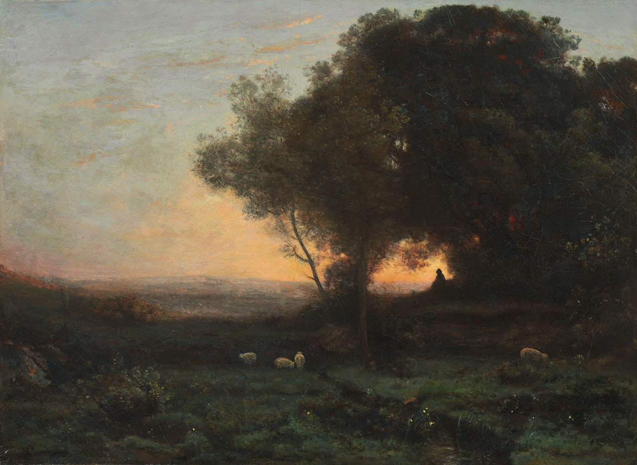 Le berger sous les arbres (soleil couchant) by Jean Baptiste Camille Corot