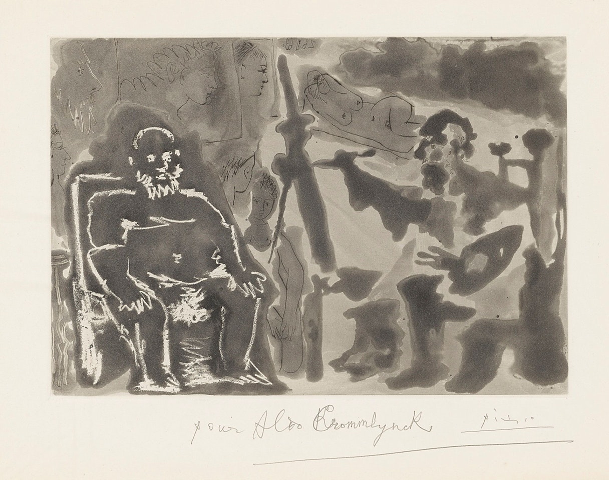 PEINTRE AVEC MODÈLE BARBU ASSIS SUR UNE CHAISE (B. 1136; BA. 1133) by Pablo Picasso