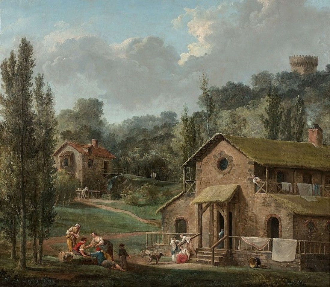 Interior With A Colonnade And Animated View Of A Palace by Hubert Robert