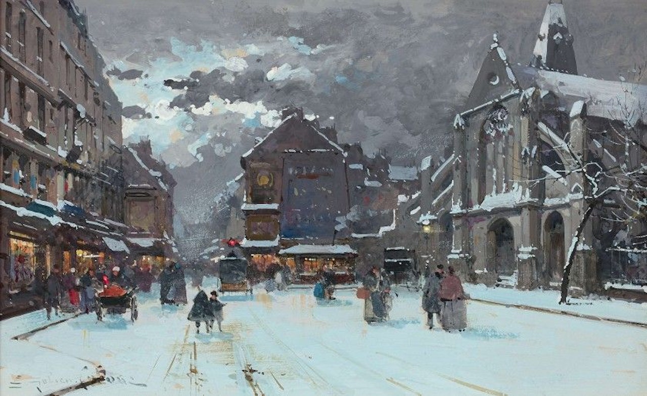 View Of The Saint MéDard Church And Rue Mouffetard Under The Snow by Eugene Galien-Laloue