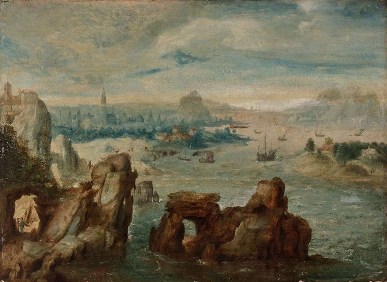 Rocky Landscape In Front Of A Busy Estuary Of Ships by Herri met de Bles
