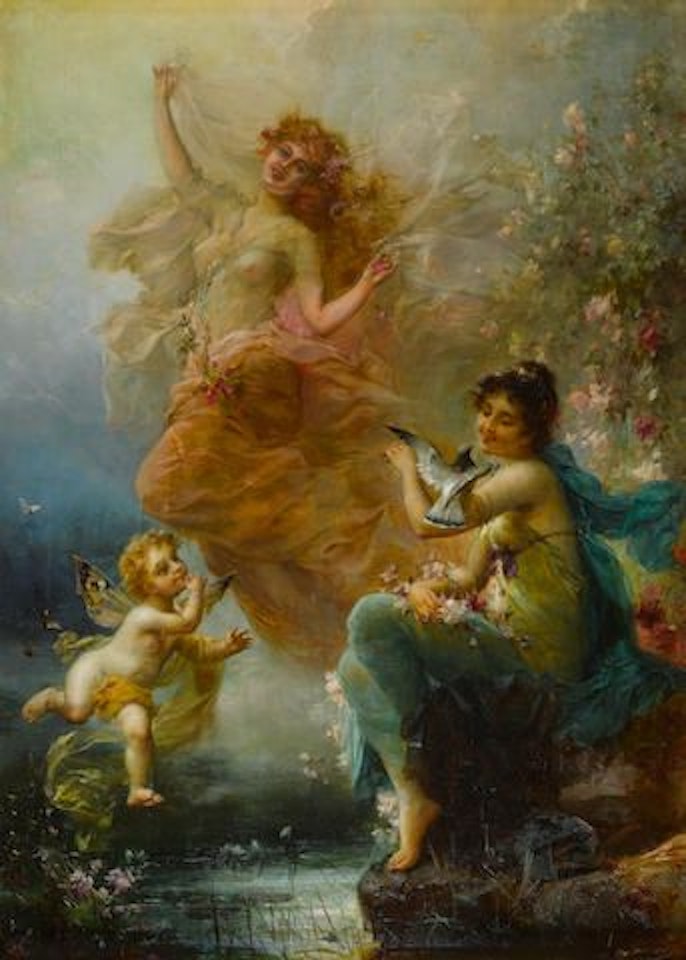 Woodland nymphs by a stream by Hans Zatzka