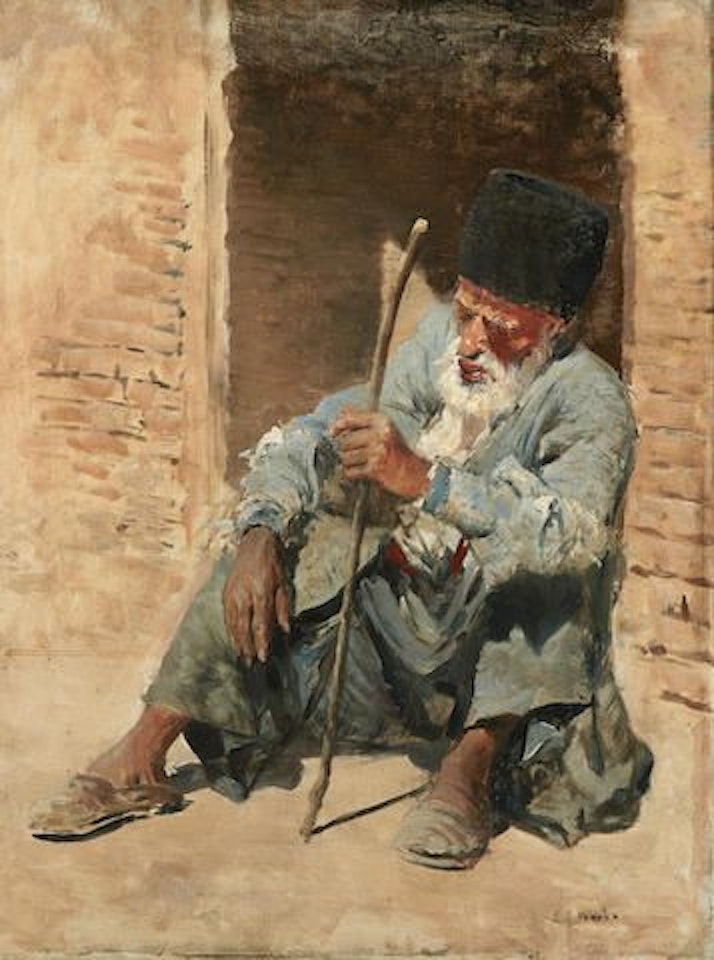 Old man resting in a doorway - Ispahan, Persia by Edwin Lord Weeks