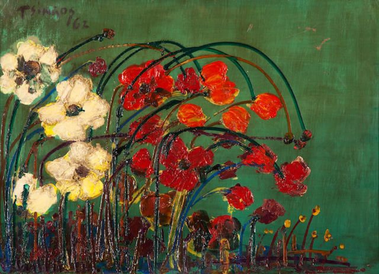 Red and yellow flowers on green background by Thanos Tsingos
