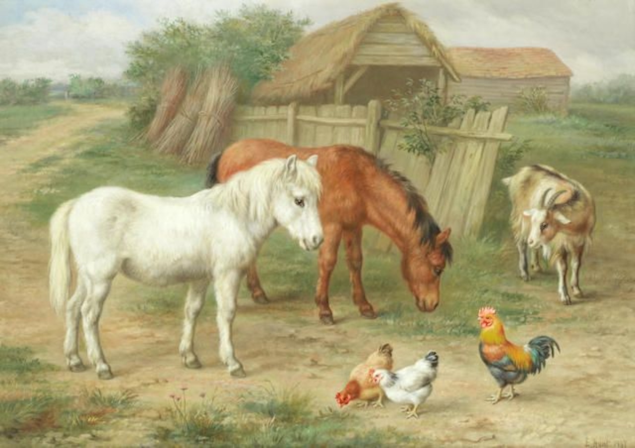 Foals, chickens and a goat feeding by the barn by Edgar Hunt