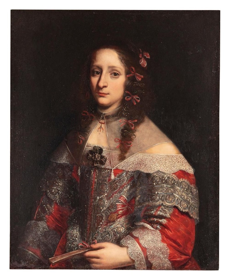 PORTRAIT OF A LADY, THREE-QUARTER LENGTH, IN AN ELABORATELY DECORATED SILK RED DRESS WITH WHITE LACE AND A SHEER FALLING COLLAR by Pier Francesco Cittadini