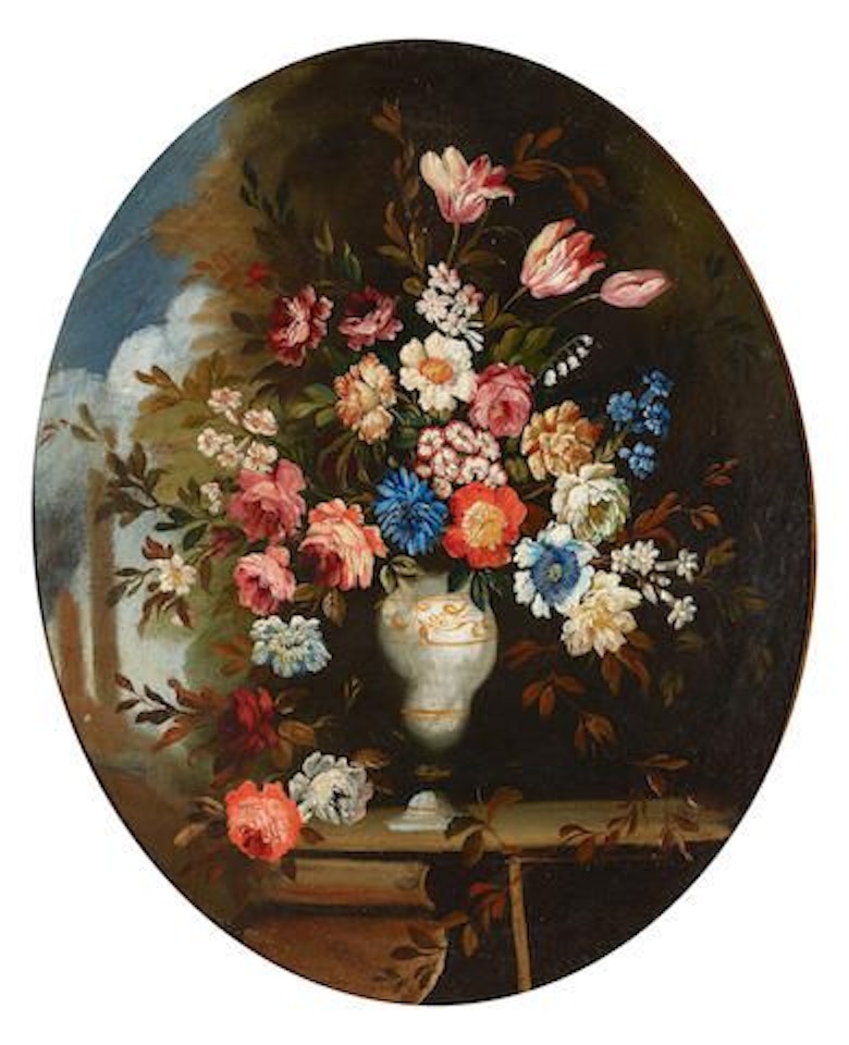 An oppulent still life of flowers in a vase; also a companion painting by Continental School