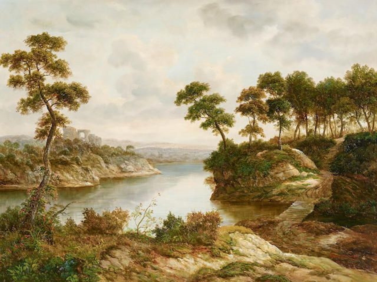 An extensive river landscape by Continental School