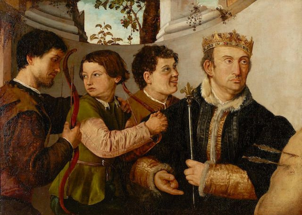 A portrait of a regal figure thought to be King Louis IX of France with three male attentants by Venetian School