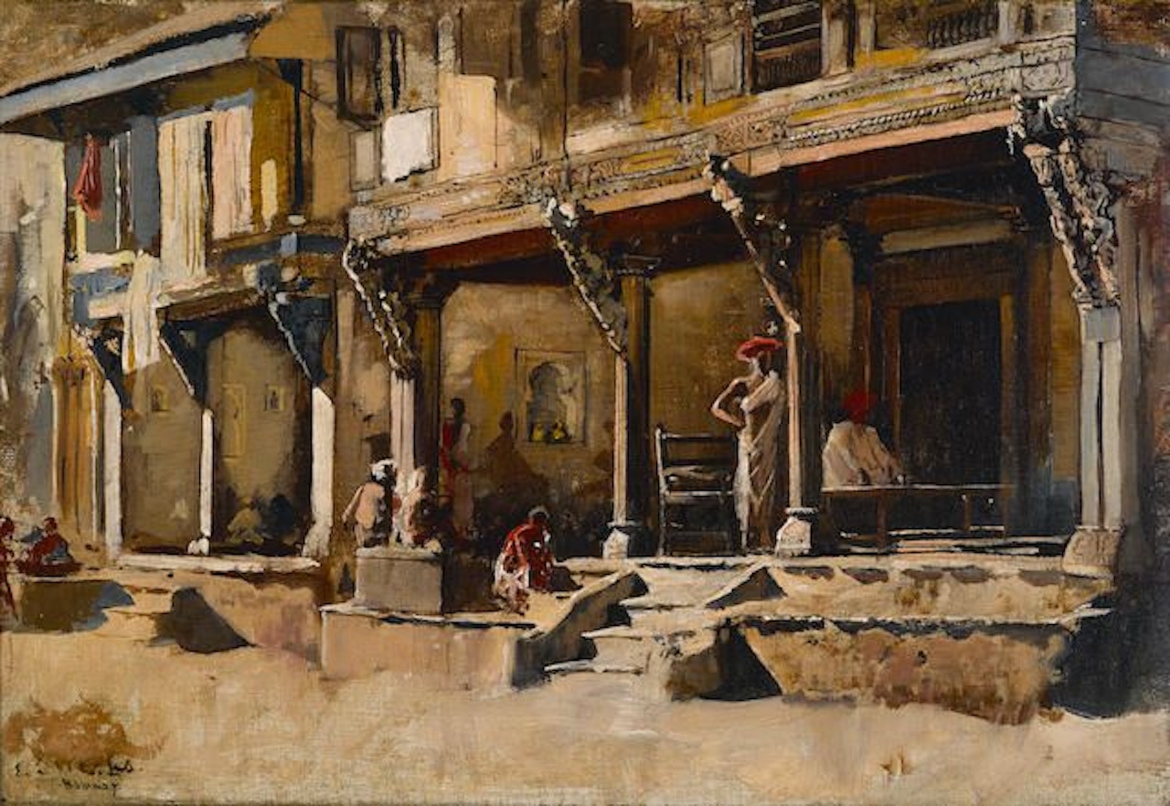 Merchants along a street in Bombay by Edwin Lord Weeks
