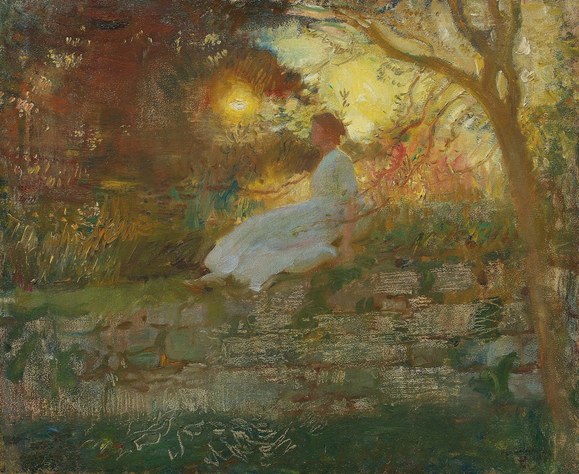 Portrait of Florence Munnings, at sunset by Alfred James Munnings