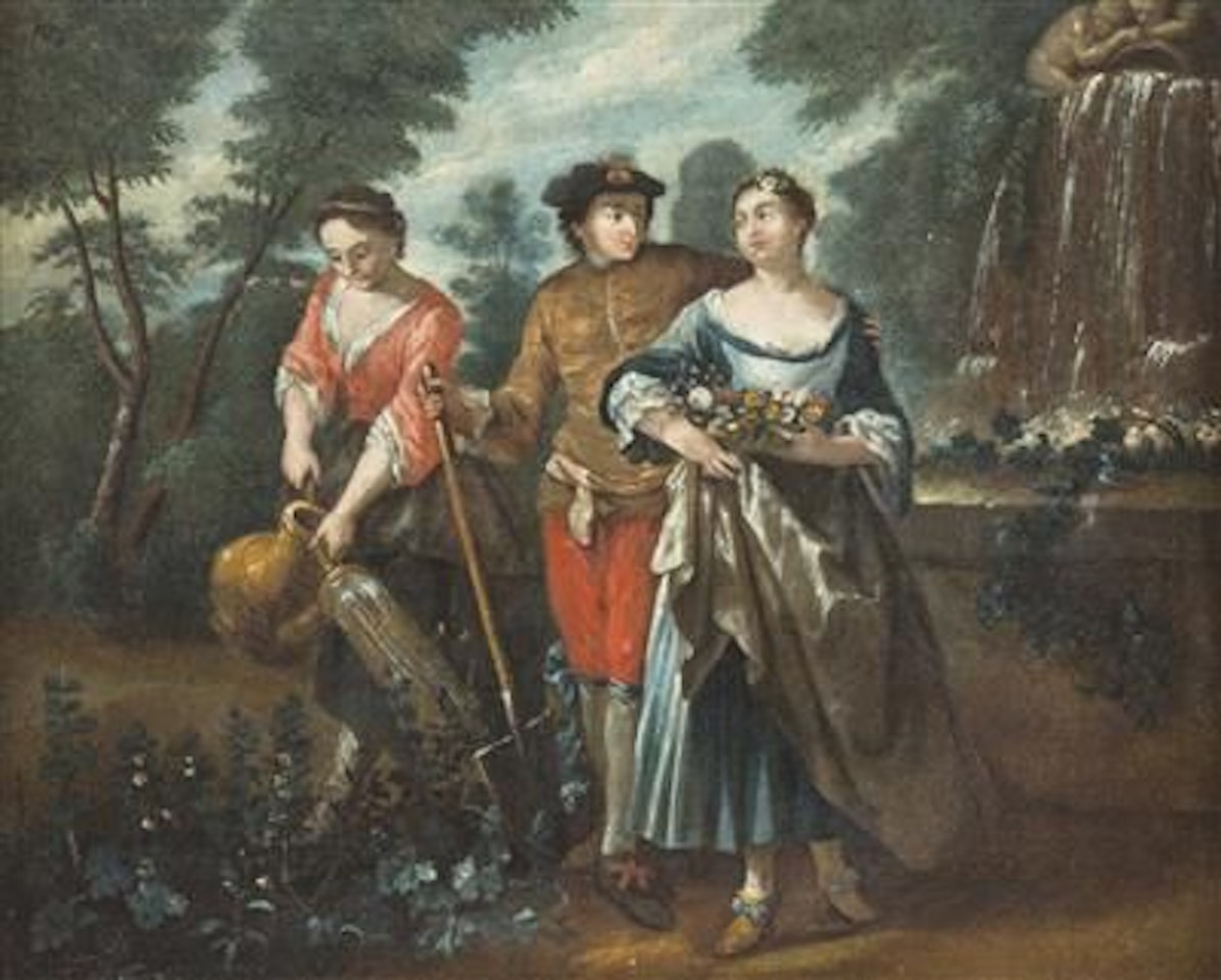 School noble couple, accompanied by a serving gardener with watering can, in parkland by Jean-Antoine Watteau
