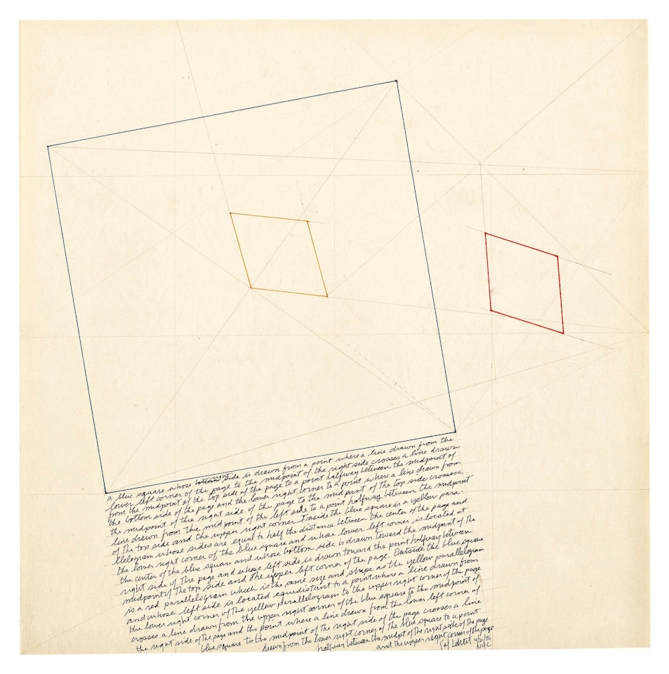 THE LOCATION OF A BLUE SQUARE, A RED PARALLELOGRAM, AND A YELLOW PARALLELOGRAM by Sol LeWitt