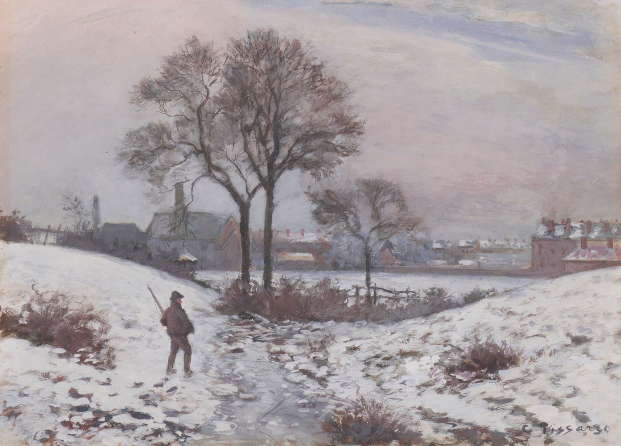 CHASSEUR EN HIVER, PAYSAGE À NORWOOD by Camille Pissarro