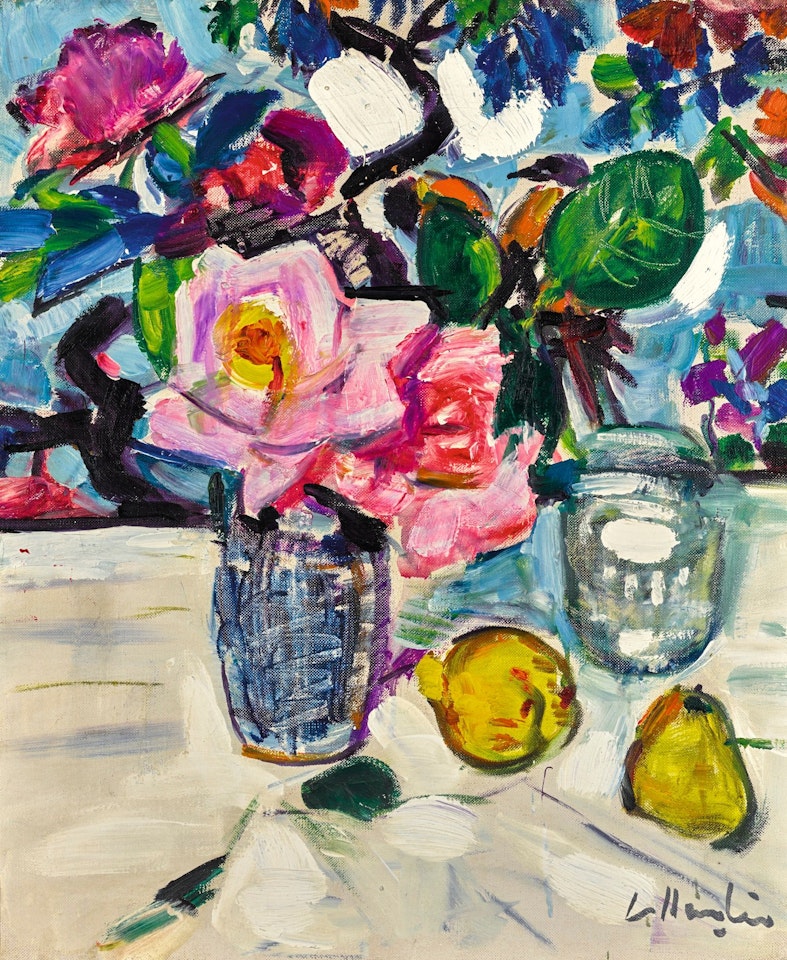 STILL LIFE WITH ROSES AND FRUIT by George Leslie Hunter
