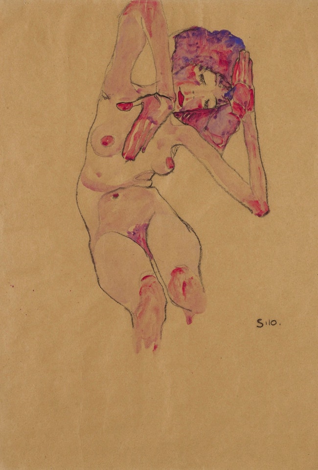 SITZENDER FRAUENAKT MIT GENEIGTEM KOPF UND ERHOBENEN ARMEN (SEATED FEMALE NUDE WITH TILTED HEAD AND RAISED ARMS) by Egon Schiele