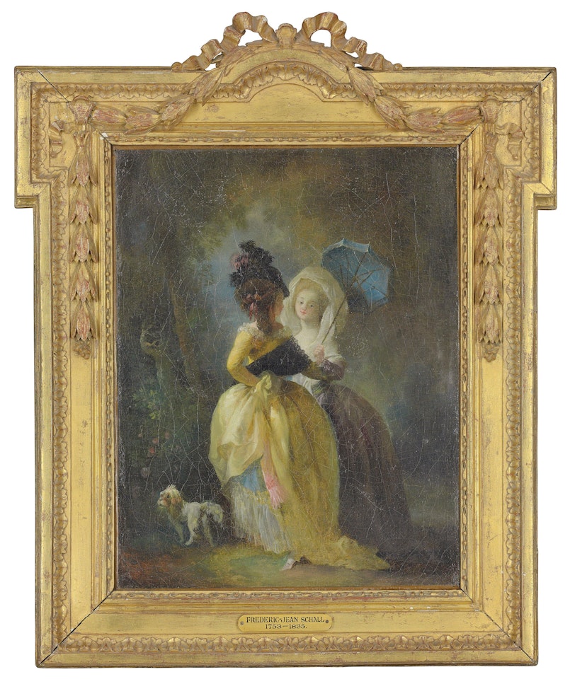 Two elegant ladies in a wooded landscape with a dog by Jean Frédéric Schall