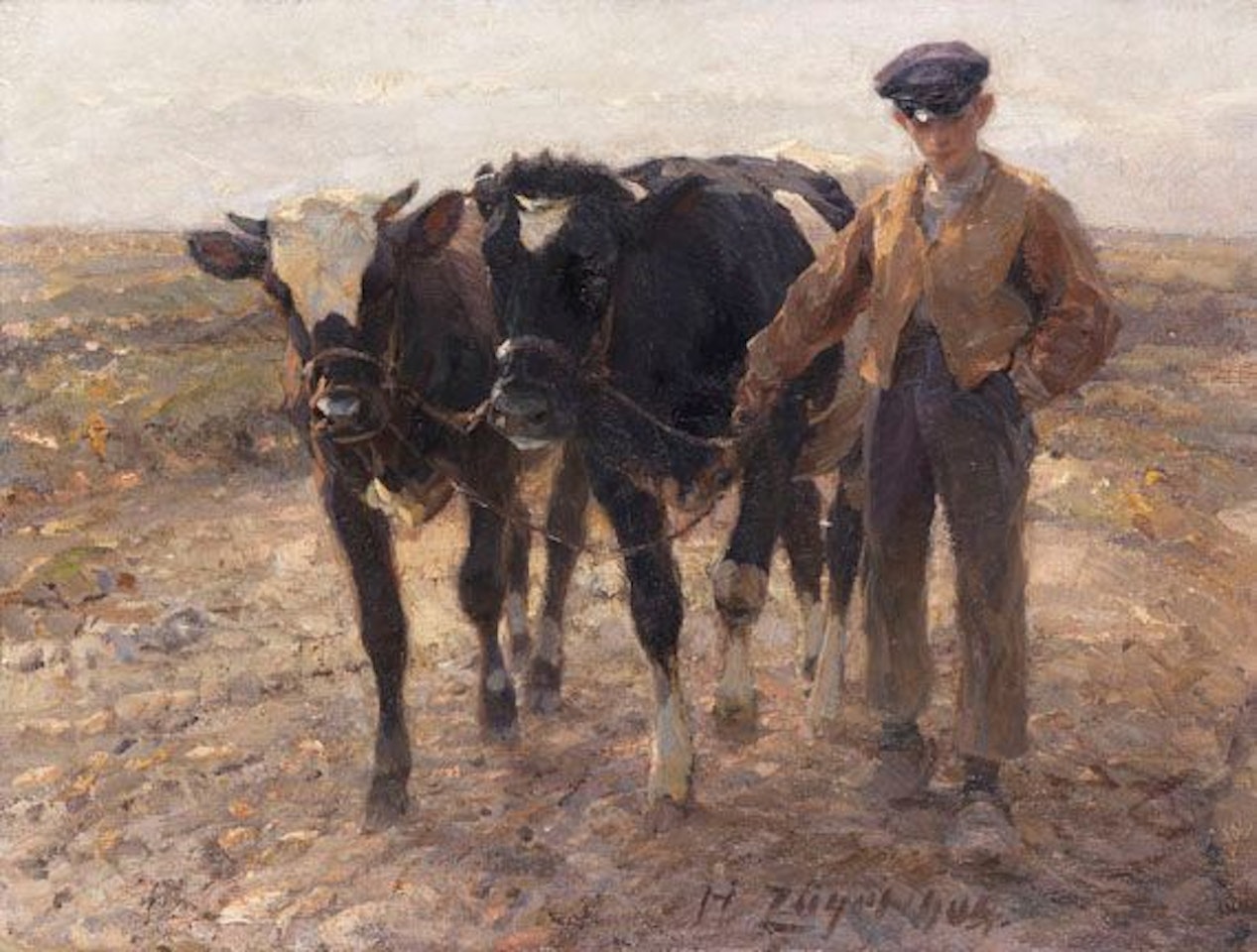 Hirte mit Jungrindern auf der Heide by Heinrich von Zugel