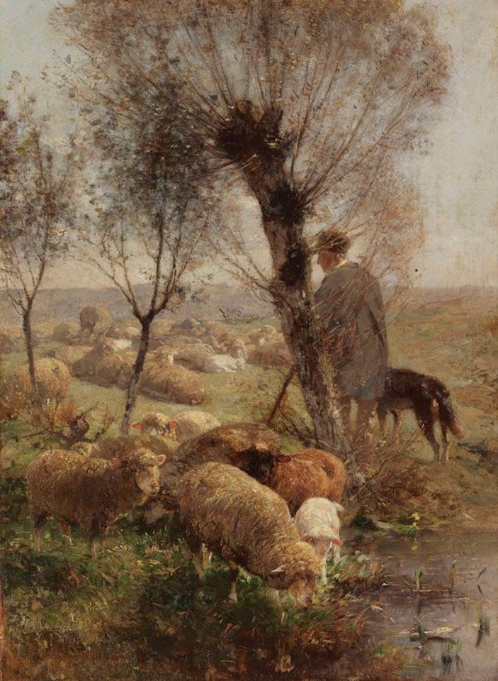 Schäfer mit Hund und Herde unter Weidenbäumen am Wasser by Heinrich von Zugel