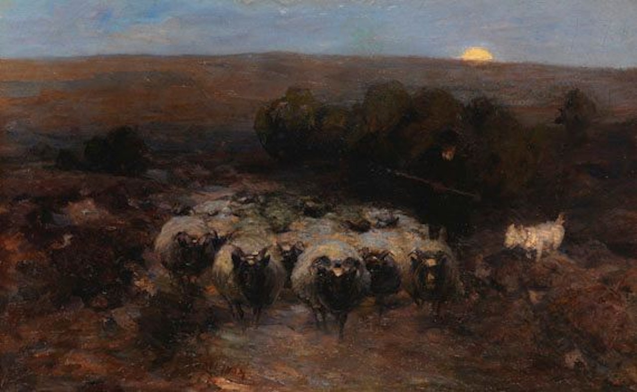 Heimkehrende Heidschnuckenherde bei Mondaufgang by Heinrich von Zugel