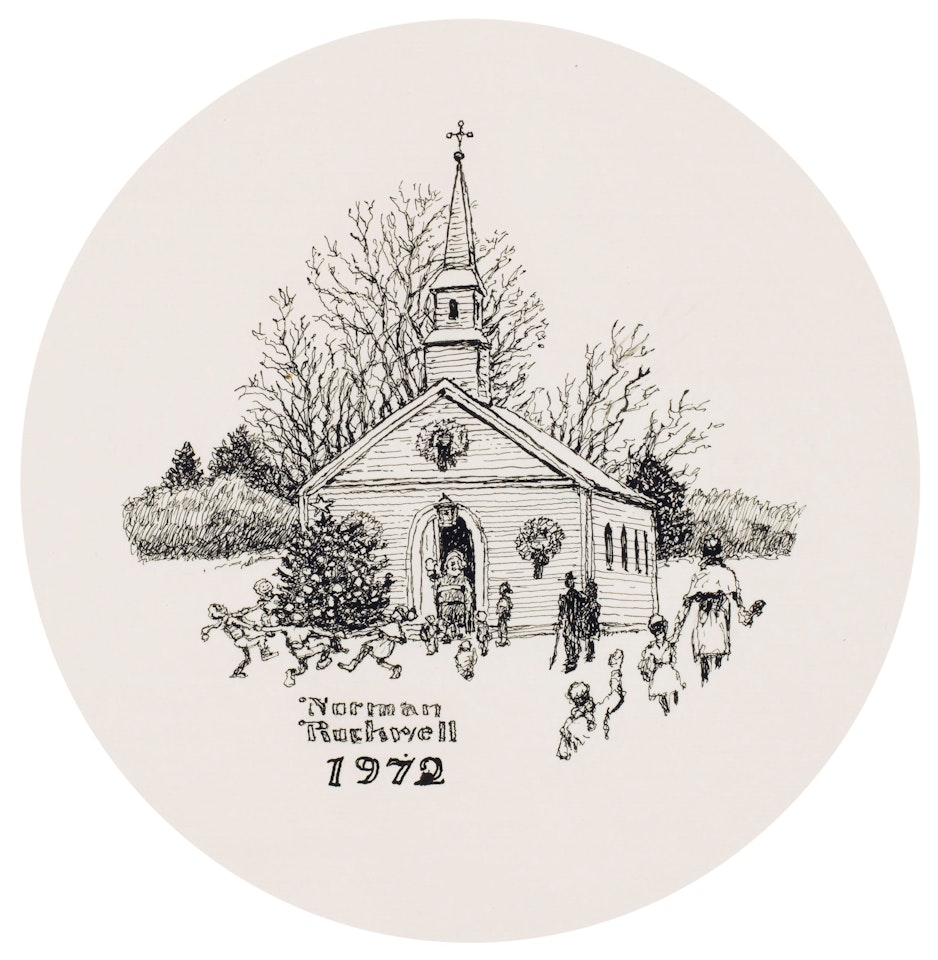 Sketch of Church with Santa in Doorway by Norman Rockwell