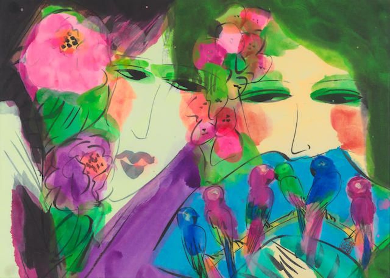 Two Women with Six Parakeets by Walasse Ting