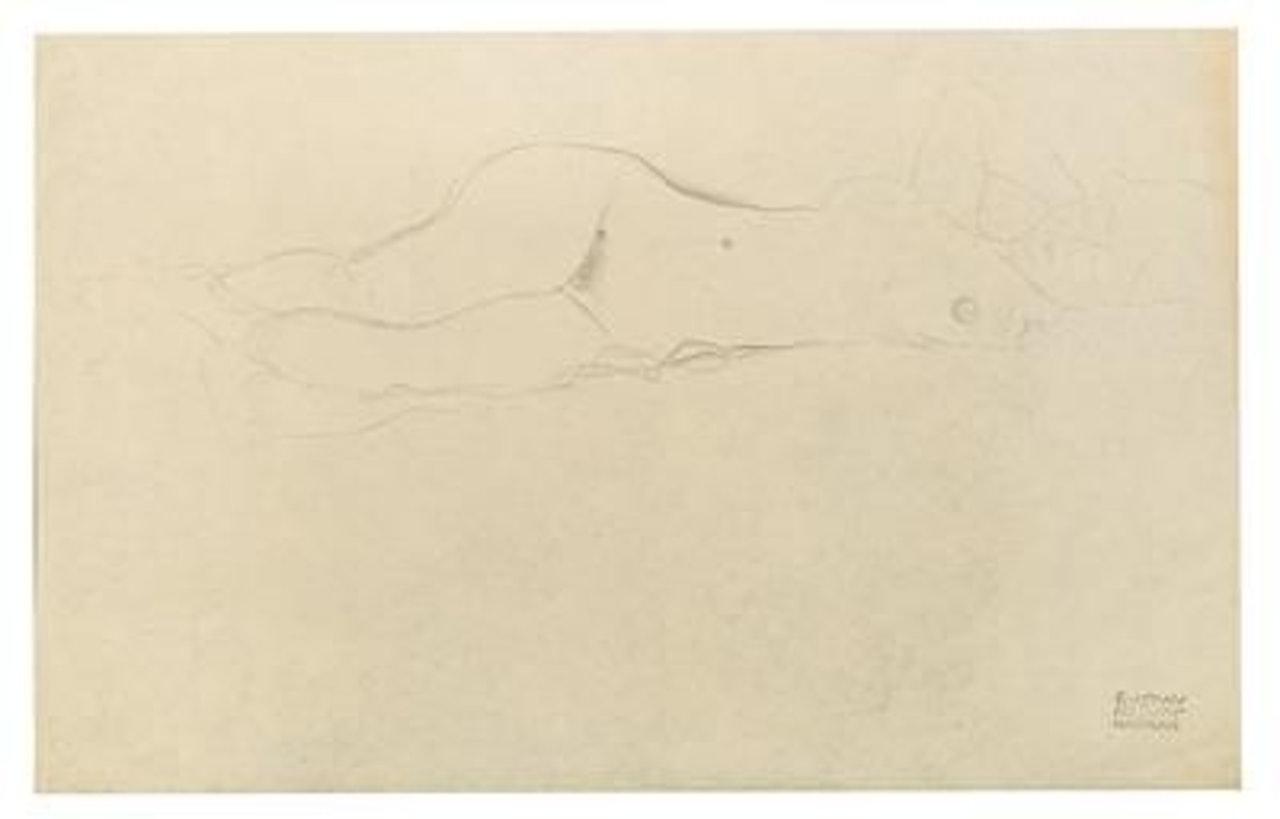 Reclining female nude with her hands behind her head by Gustav Klimt