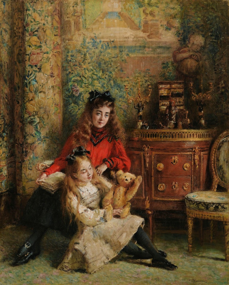 PORTRAIT OF THE ARTIST'S DAUGHTERS OLGA AND MARINA WITH TEDDY BEAR by Konstantin Makovsky