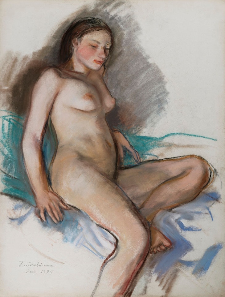 SEATED NUDE ON A GREEN CUSHION by Zinaida Serebriakova