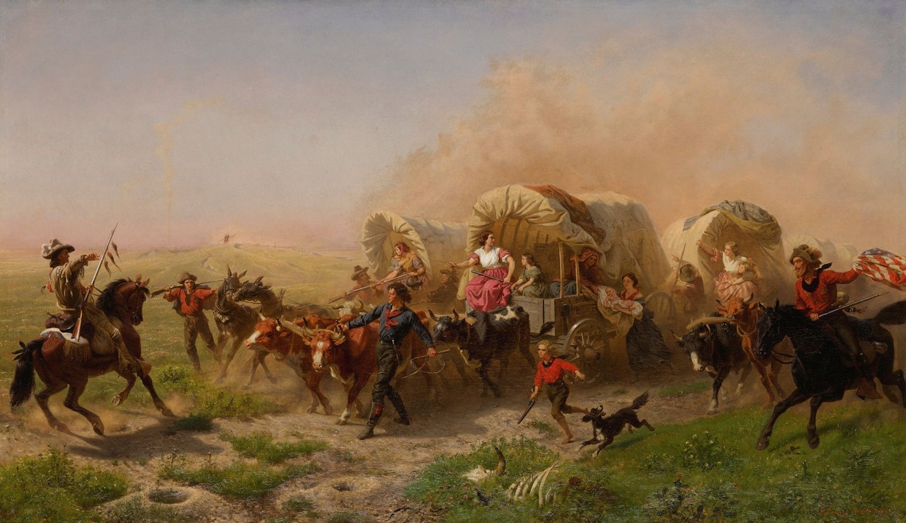 WESTERN EMIGRANT TRAIN BOUND FOR CALIFORNIA ACROSS THE PLAINS, ALARMED BY APPROACH OF HOSTILE INDIANS (INDIANS ATTACKING A WAGON TRAIN) by Emanuel Gottlieb Leutze