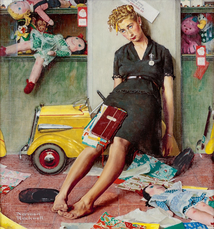 TIRED SALESGIRL ON CHRISTMAS EVE by Norman Rockwell