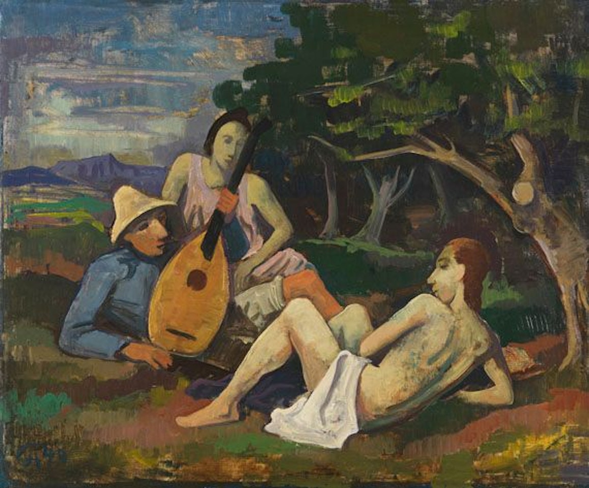 Zwei Frauen mit Lautenspieler by Karl Hofer
