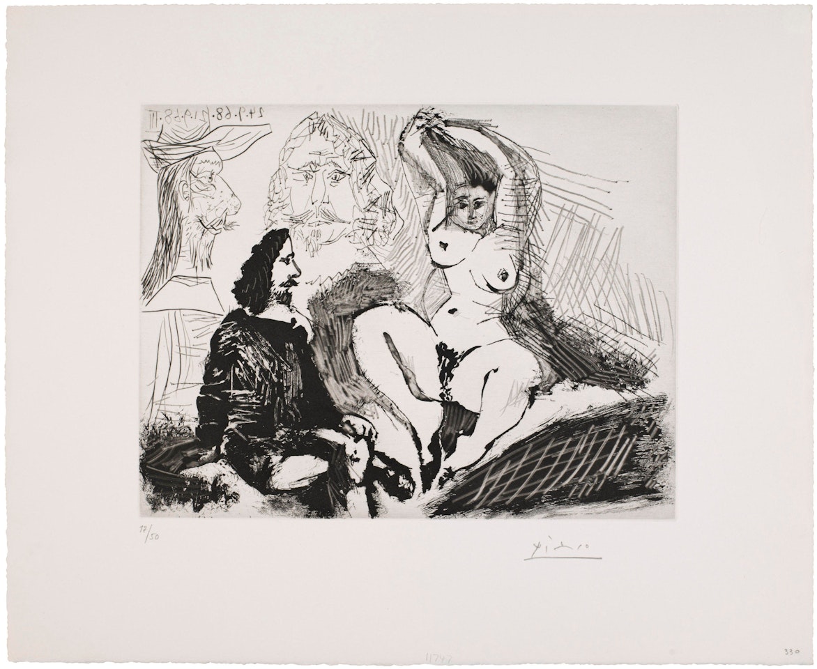 Homme assis auprès d'une femme coiffant, avec, derrière, deux peintres, from La Série 347 by Pablo Picasso