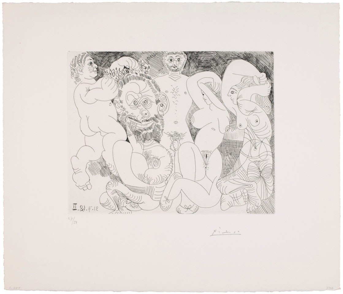 Scène champêtre, avec barbu couronné de fleurs, et femmes, from La Série 347 by Pablo Picasso